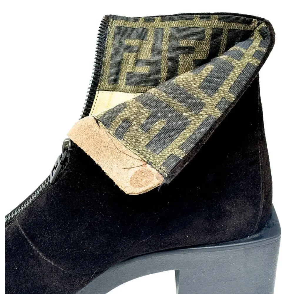 Fendi Boots FF Logo Chunky Platform Zucca Brown Monogram Ankle‎ Chelsea Shoes 7